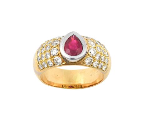 A Ruby and Diamond Ringthe pear cut ruby in a white rubbed over setting, to yellow round brilliant cut diamond pavé set shoul