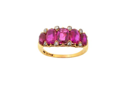 A Victorian Ruby Five Stone Ring the graduated oval cut rubies spaced by rose cut diamond accents, in yellow claw and collet 