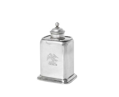 A Queen Anne Silver Tea-Caddy,  by David Willaume, London, 1711 tapering oblong and on stepped foot, one side engraved with a