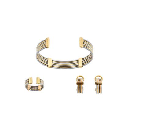 A Bi-Colour Bangle, Ring and Earring Suite, by Cartierof torque form, with alternate white and yellow plain polished rows, wi