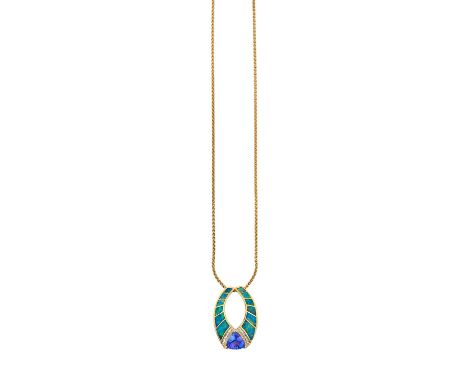 An Opal, Tanzanite and Diamond Pendant on Chainthe stylised oval openwork frame composed of a trilliant cut tanzanite in a ye