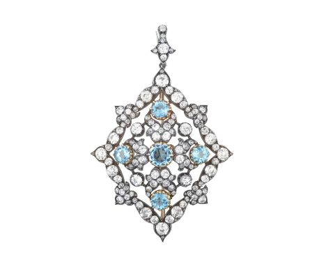 A Blue Topaz and Diamond Brooch/Pendantthe openwork kite shaped motif set throughout with old cut diamonds and five round cut