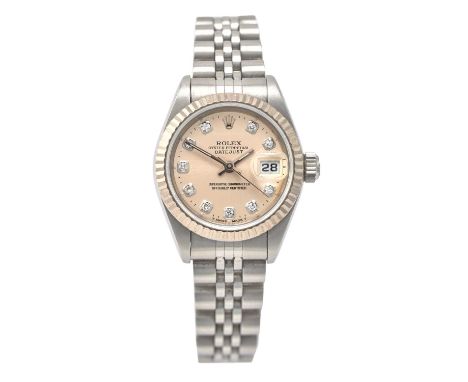 Rolex: A Lady's Stainless Steel Automatic Calendar Centre Seconds Wristwatch with Diamond Set Dial Hour Markers, signed Rolex