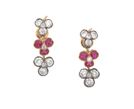 A Pair of Early 20th Century Ruby and Diamond Drop Earringstwo old cut diamond clover motifs spaced by a round cut ruby clove