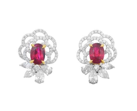 A Pair of Ruby and Diamond Cluster Earringsthe oval cut rubies in yellow claw settings, with an openwork loop border above se