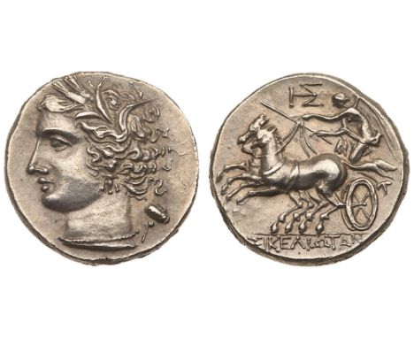 Sicily, Morgantina. The Sikeliotes. Silver 4 Litrai &#40;3.95 g&#41;, ca. 214/3-213/2 BC. Veiled head of Persephone left, wre