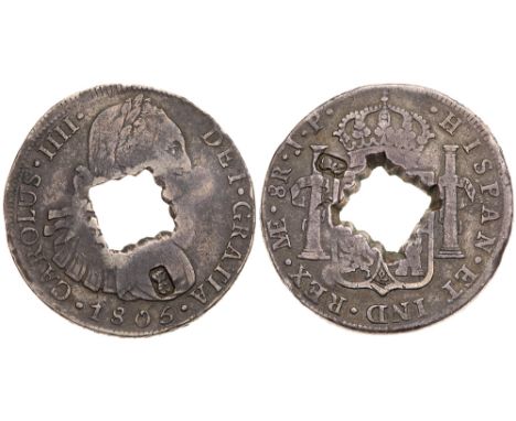 British Administration, silver 9-Livres &#40;Authority of May 1811&#41;. Crenated square hole on Peru, Charles IV 8-Reales 18