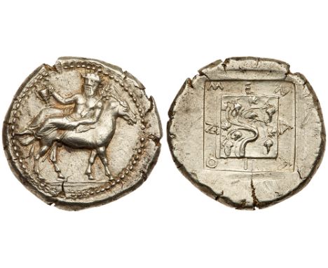 Macedonia, Mende. Silver Tetradrachm &#40;17.15 g&#41;, ca. 460-423 BC. Dionysos, inebriated, holding kantharos, reclining le