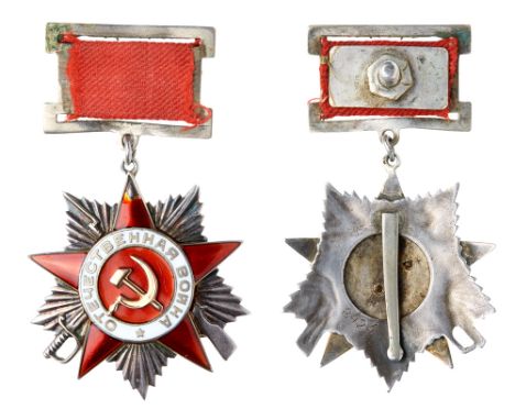 Order of the Patriotic War 2nd Class. Type 1, Award # 8424. First type, variation with stick-pin. Typical enamel chipping on 