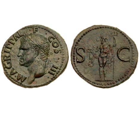 Agrippa. &AElig; as &#40;11.18 g&#41;, died 12 BC. Rome, under Gaius Caligula, AD 37-41. M AGRIPPA L F COS III, head of Agrip