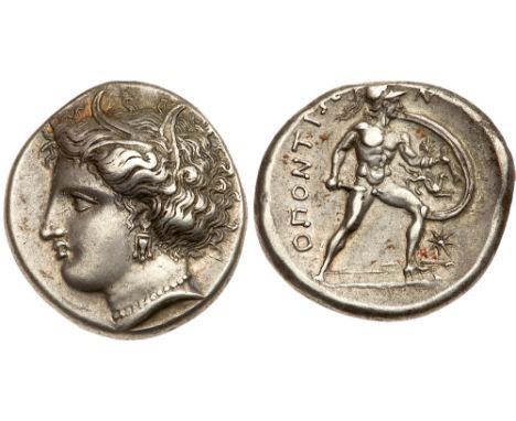 Lokris, Lokri Opuntii. Silver Stater &#40;12.26 g&#41;, ca. 360-350 BC. Head of Persephone left, wreathed with grain ears, we