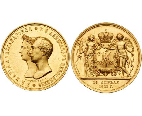 Marriage of Grand Duke Alexander &#40;Alexander II&#41; to Maria of Hesse-Darmstadt. Medallic Rouble in GOLD 1841. By H. Gube