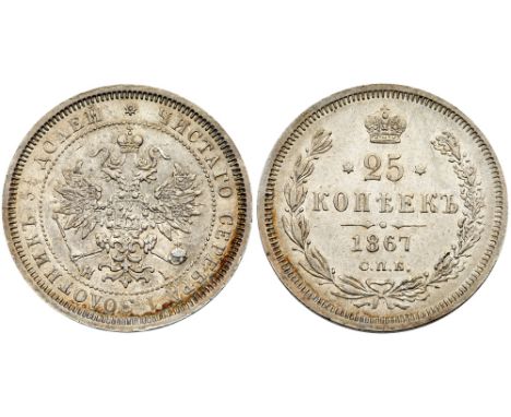25 Kopecks 1867 CÐŸÐ‘-HI. Bit 143 &#40;R&#41;, Sev 3777 &#40;S&#41;. Very scarce, mintage of 48,030. Some reverse pinscratche