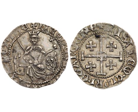 Cyprus, James II &#40;1460-73&#41;, silver &#34;Coronation&#34; Gros. King seated on throne, holding sword and orb, panel wit