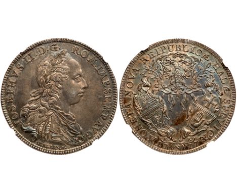 Hall in Swabia. silver Convention Thaler, 1777 E&#40;N&#41;K. Head of Joseph II right, rev. three ornate shields, flanked by 