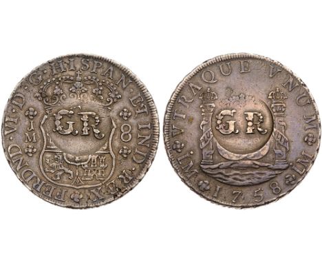 Authority of November 1758, silver Dollar &#40;Six Shillings and Eightpence&#41;. Floriated GR raised countermarked within ci