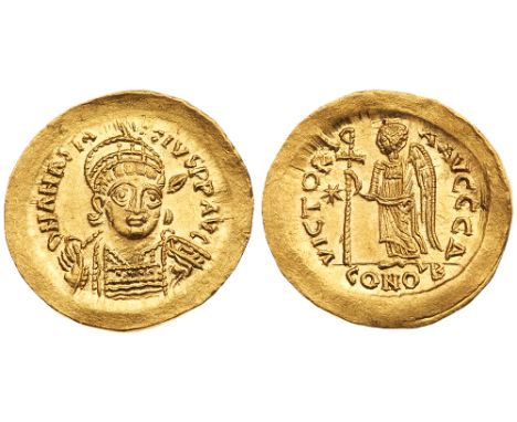 Anastasius I, 491-518. Gold Solidus &#40;4.49 g&#41;. Mint of Constantinople. D N ANASTA-SIVS PP AVG, pearl-diademed, helmete