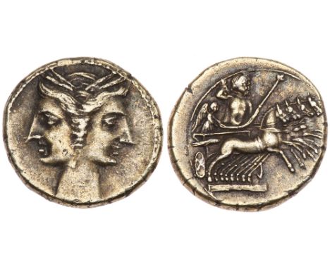 Carthaginian Occupation. Electrum 3/8 Shekel &#40;2.42 g&#41;, ca. 216-211 BC. Struck at Bruttium. Janiform female head wreat