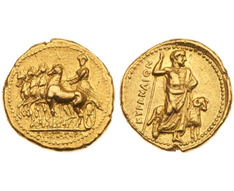 Kyrenaika, Kyrene. c. 331-322 BC, Gold Stater &#40;8.67 g.&#41;. Magistrate Aristagoras. Charioteer, holding a kentron and th