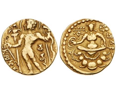 Gupta Empire, Chandragupta II &#40;380-414&#41;. gold Dinar &#40;7.91 g&#41;. Archer type, class II, CHANDRA below arm of kin