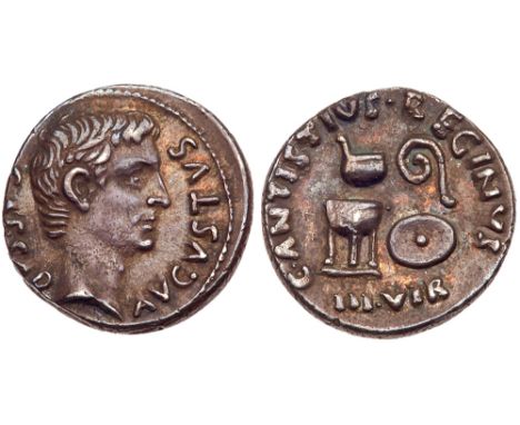 Augustus. Silver Denarius &#40;3.98 g&#41;, 27 BC-AD 14. Rome, 13 BC. C. Antistius Reginus, moneyer. CAESAR AVGVSTVS, bare he