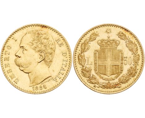Italy Kingdom, Umberto I &#40;1878-1900&#41;, gold 50-Lire, 1884-R, Rome. Bare head left, rev. crowned shield within wreath d