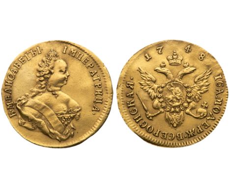 Ducat 1748. GOLD. Bit 6 &#40;R1&#41;, Petrov &#40;25 Roubl.&#41;, Ilyin &#40;20 Roubl.&#41;. Surfaces polished. Sharp elabora