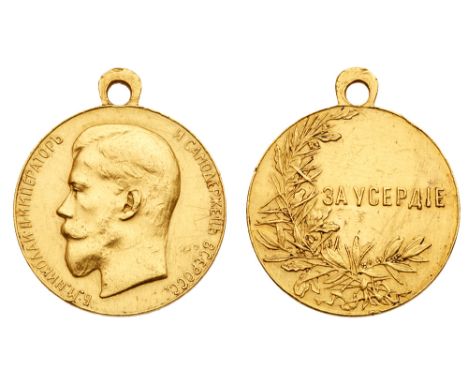 Medal for Zeal. Gold. 30 mm. 23.72 gm. Bit 1117 &#40;R&#41;, Diakov 1138.3 &#40;R1&#41;, Sm 1038/b. Nicholas II head left / L