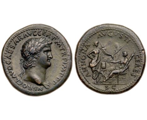 Nero. &AElig; Sestertius &#40;32.17 g&#41;, AD 54-68. Rome, ca. AD 64. NERO CLAVD CAESAR AVG GER P M TR P IMP P P, laureate h