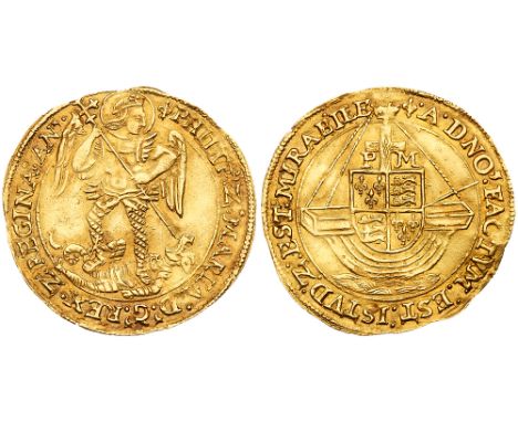 Philip and Mary &#40;1554-58&#41;, fine gold Angel, of ten shillings. Class 4, St Michael slaying dragon right, Latin legend 