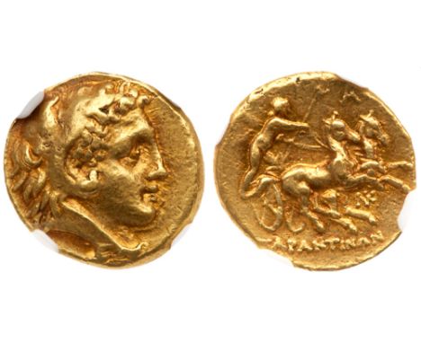 Calabria, Taras. Pyrrhos of Epiros. Gold Hemistater &#40;4.28 g&#41;, ca. 276-272 BC. Head of Herakles right, wearing lion&#3