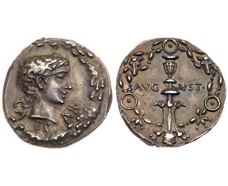 Augustus, 27 B.C. - AD 14. Silver Denarius &#40;3.87 g&#41;. Uncertain mint, struck 17 B.C. CA-ES-AR, young bare head &#40;of