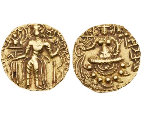 Gupta Empire, Puragupta, c. &#40;480-485&#41;. gold Dinar &#40;9.32 g&#41;. Archer type, king standing left, long sash at wai