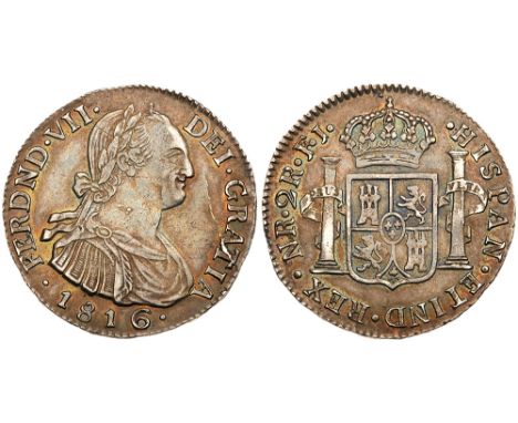 Ferdinand VII &#40;1808-33&#41;, silver 2-Reales, 1816/6 NR FJ/JJ. Bogota mint &#40;Nuevo Reino&#41;, bust of Charles IV righ