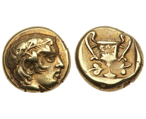 Lesbos, Mytilene. Electrum Hekte &#40;2.57 g&#41;, ca. 454-428/7 BC. Head of young Dionysos right, wearing ivy wreath. rev. K