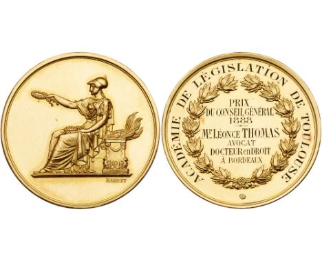 France/Law, Third Republic 1871-1940, Academie de Legislation de Toulouse, gold Prize Medal, 1888. By Brenet. Minerva, enthro