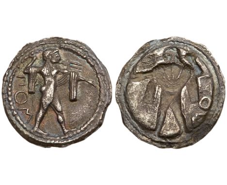 Lucania, Poseidonia. Silver Drachm &#40;3.70 g&#41;, ca. 530-500 BC. &Pi;OM, Poseidon advancing right, preparing to hurl trid