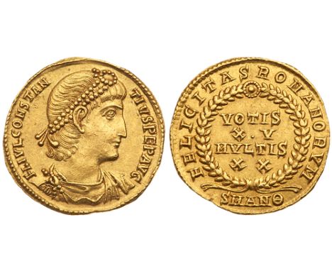 Constantius II, A.D. 337-361. Gold Solidus &#40;4.43 g&#41;. Mint of Antioch, struck A.D. 337-347. FL IVL CONSTAN-TIVS PEP AV