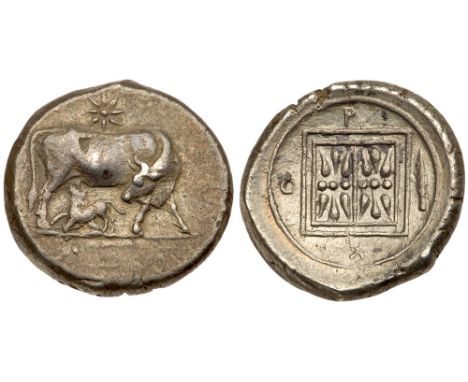 Korkyra, Korkyra. Silver Stater &#40;10.18 g&#41;, ca. 350/30-290/70 BC. Cow standing right, head looking back at calf suckli