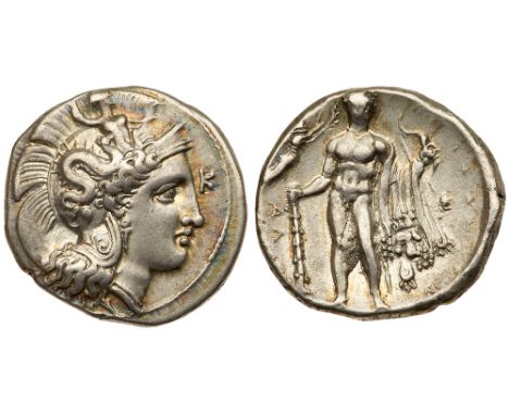 Lucania, Herakleia. Silver Nomos &#40;7.84 g&#41;, ca. 335-300 BC. Head of Athena, wearing crested Attic helmet decorated wit