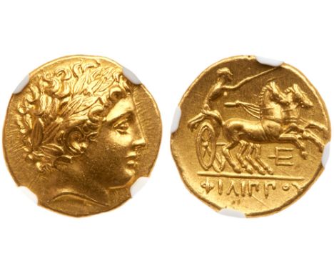Macedonian Kingdom. Philip II. Gold Stater &#40;8.58 g&#41;, 359-336 BC. Pella, ca. 340-328 BC. Laureate head of Apollo right