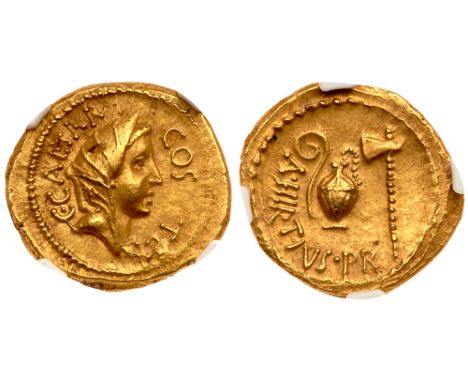 Julius Caesar. Gold Aureus &#40;8.12 g&#41;, 46 BC. Rome. A. Hirtius, praetor. C CAESAR COS TER, veiled of of Vesta or Pietas