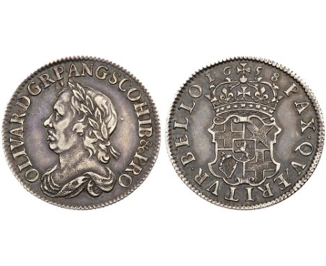 Oliver Cromwell &#40;d.1658&#41;, silver Shilling, 1658. Laureate and draped bust left, raised die flaw at top of forehead, l