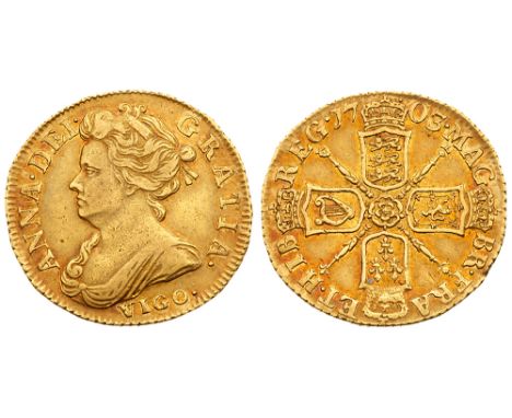 Anne &#40;1702-14&#41;, gold Pre-Union Half-Guinea, 1703. VIGO. below draped bust left, Latin legend and toothed border surro