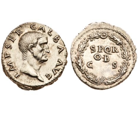 Galba. Silver Denarius &#40;3.37 g&#41;, AD 68-69. Rome, AD 68. IMP SER GALBA AVG, bare head of Galba right. rev. S P Q R / O