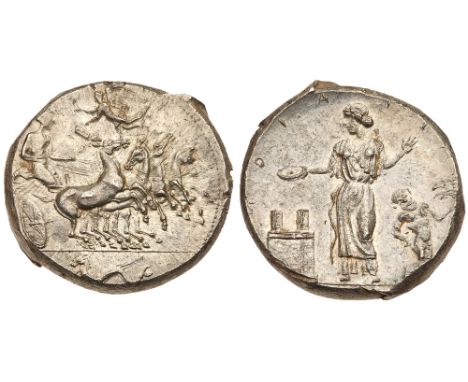 Sicily, Himera. Silver Tetradrachm &#40;17.52 g&#41;, ca. 409-407 BC. Signed by the artist Mai&hellip; maestro della foglia &