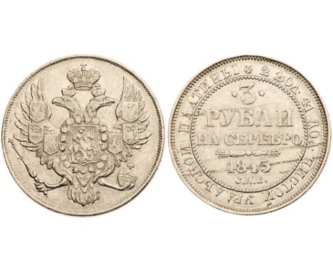 3 Roubles 1843 CÐŸÐ‘ PLATINUM. Bit 89 &#40;R&#41;, Sev 640 &#40;S&#41;. Authenticated and graded by PCGS EF 45. Good Extremel