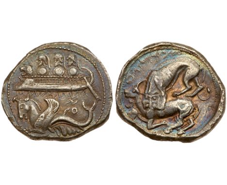 Phoenicia, Byblos. &#39;Ozba&#39;al. Silver Shekel &#40;13.28 g&#41;, ca. 400-365 BC. Galley sailing left above waves, carryi