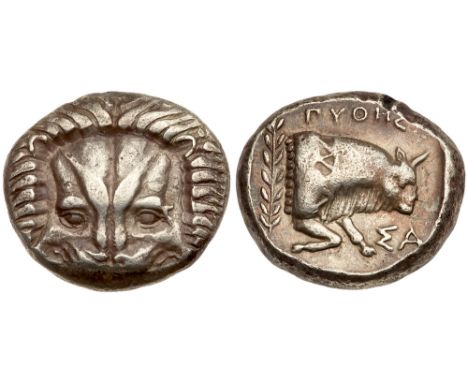 Islands off Ionia, Samos. Silver Tetradrachm &#40;15.41 g&#41;, ca. 408/4-380/66 BC. Pythes, magistrate. Facing lion&#39;s sc