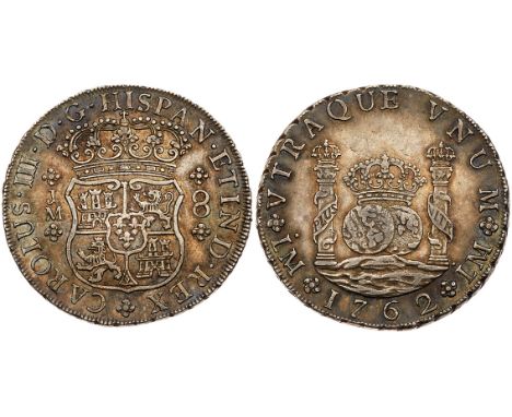 Charles III &#40;1759-88&#41;, silver 8-Reales, 1762 LM JM, Lima mint. Crowned shield, JM to the left, 8 to the right, rev. c